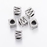 304 Stainless Steel Large Hole Letter European Beads, Cube with Letter.W, Antique Silver, 8x8x8mm, Hole: 5mm(STAS-H428-01AS-W)