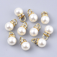 High Luster ABS Plastic Imitation Pearl Pendants, with Golden Plated Iron Findings and Crystal Rhinestone, Round, Creamy White, 17~17.5x9.5mm, Hole: 4.5mm(RB-T011-01B-G)