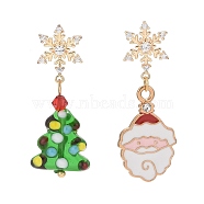Santa Claus Alloy Enamel & Christmas Tree Lampwork Asymmetrical Earrings, Clear Cubic Zirconia Snowflake Dangle Stud Earrings for Women, Light Gold, 37~40mm, Pin: 0.9mm(EJEW-TA00230)