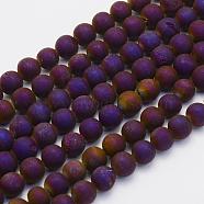 Electroplate Natural Druzy Agate Beads Strands, Round, Frosted, Purple Plated, 8mm, Hole: 1mm, about 45~48pcs/strand, 14.9 inch(38cm)(G-G708-8mm-02)