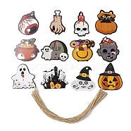 12 Styles Halloween Theme Paper Tags, with Hemp Rope, Gift Tags Hanging Labels for Halloween Decoration, Mixed Color, 46.5~60x35~61x0.2mm, Hole: 4mm(DIY-K60-001)