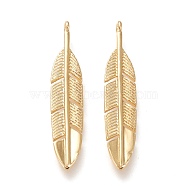 Brass Pendants, Long-Lasting Plated, Feather, Real 18K Gold Plated, 33x6.5x1.5mm, Hole: 1.4mm(KK-F820-17G)