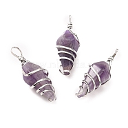 Natural Amethyst Pendants, with Platinum Tone Copper Wire Wrapped, Cadmium Free & Lead Free, Faceted Cone, 42~47x15~17x15~17.5mm, Hole: 5~7mm(G-D458-05P-05-RS)