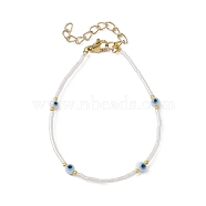 Evil Eye Lampwork & Glass Seed Beaded Bracelet with Real 18K Gold Plated 304 Stainless Steel Clasps, White, 6-3/4 inch(17.2cm)(BJEW-JB09998-05)