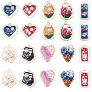 Epoxy Resin Pendants, with ABS Plastic Imitation Pearl, Alloy Findings and Enamel, Heart & teardrop, & Rectangle & Polygon, Matte Gold Color, Mixed Color, 35~40.5x21~35x4.5~5.5mm, Hole: 1.5~4.5mm, 20pcs/box(RESI-SC0001-08)