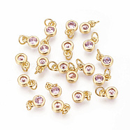 Brass with Single Cubic Zirconia Charms, Single Stone Charms, Flat Round, Golden, Pearl Pink, 6.5x4.5x2mm, Hole: 2.5~3mm(ZIRC-F095-03G-03)