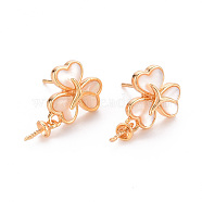 Brass Earring Findings, for Half Drilled Beads, with Natural Shell, Nickel Free, Flower, Real 18K Gold Plated, 17.5~18.5x12mm, Pin: 0.8mm, Pin: 0.8mm(for Half Drilled Beads)(KK-T062-207G-NF)
