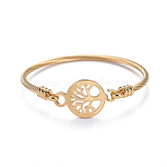 304 Stainless Steel Bangles, Flat Round with Tree of Life, Golden, 2-1/8 inchx2-1/8 inch(5.5x5.3cm)(BJEW-L664-016G)