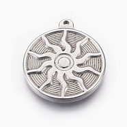 304 Stainless Steel Pendants, Flat Round with Sun, Stainless Steel Color, 25x3mm, Hole: 1.6mm(X-STAS-E444-07)