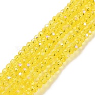 Electroplate Glass Beads Strands, Half Rainbow Plated, Faceted, Rondelle, Champagne Yellow, 6x5mm, Hole: 1mm, about 85~88pcs/strand, 16.1~16.5 inch(41~42cm)(EGLA-A034-T6mm-L02)