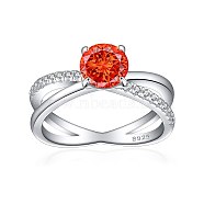 925 Sterling Silver Micro Pave Cubic Zirconia Plain Band Rings, Real Platinum Plated, Flat Round, Red, US Size 7(17.3mm)(RJEW-P103-06P-B)