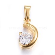 304 Stainless Steel Charms, with Cubic Zirconia, Moon, Clear, Golden, 15x8.5x4mm, Hole: 5x3mm(STAS-P216-30G)