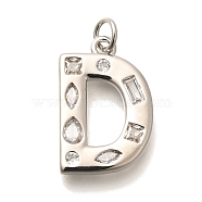 Brass Micro Pave Clear Cubic Zirconia Pendants, with Jump Ring, Lead Free and Cadmium Free, Long-Lasting Plated, Rack Plating, Letter Charms, Platinum, Letter D, 20x13x2.7mm, jump ring: 5x1mm, 3mm inner diameter.(KK-G521-01P-D)