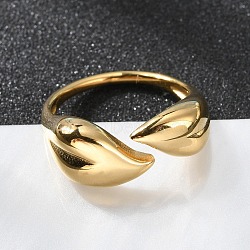 Ion Plating(IP) 304 Stainless Steel Leaf Open Cuff Rings for Women, Real 14K Gold Plated, Inner Diameter: 17mm(RJEW-G319-02G)