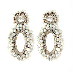 Rhinestone Braided Ear Studs for Women, Oval, Bohemian Style, WhiteSmoke, 70x43mm(FIND-PW0024-19A)