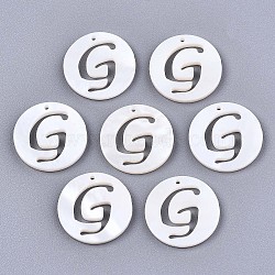Natural Freshwater Shell Charms, Flat Round with Hollow Out Letter, Letter.G, 14.5x1.5mm, Hole: 0.9mm(SHEL-S276-119G)