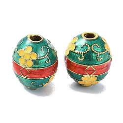 Rack Plating Brass Beads, with Enamel, Long-Lasting Plated, Lead Free & Cadmium Free, Real 18K Gold Plated, Oval with Flower, Teal, 11x9.5mm, Hole: 2.2mm(KK-M282-32G)
