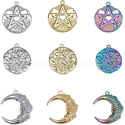 SUPERFINDINGS 9Pcs 9 Style 304 Stainless Steel Pendants, Flat Round with Sun & Star & Moon with Flower, Mixed Color, 29~30x25~26.5x2~3mm, Hole: 1.8~2mm, 1pc/style(STAS-FH0001-66)