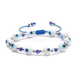 Lampwork Evil Eye & Glass Braided Bead Bracelet, Adjustable Bracelet for Women, White, Inner Diameter: 2-1/8~3-1/8  inch(5.5~8cm)(BJEW-TA00157)