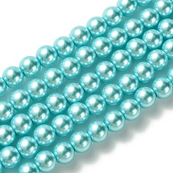Eco-Friendly Grade A Glass Pearl Beads, Pearlized, Round, Cyan, 6mm, Hole: 1.2~1.5mm, about 68pcs/Strand, 16''(40.64cm)(HY-J002-6mm-HX008)