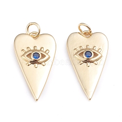 Brass Micro Pave Cubic Zirconia Pendants, with Jump Rings, Long-Lasting Plated, Heart with Evil Eye, Real 18K Gold Plated, Blue, 24.5x13.5x3mm, Jump Ring: 5x0.8mm, 3.2mm Inner Diameter(ZIRC-I042-01C)