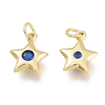 Brass Micro Pave Cubic Zirconia Charms, with Jump Ring, Stars, Golden, Marine Blue, 11.5x8.5x2.5mm, Hole: 1.5mm Jump rings: 3.5x0.8mm
