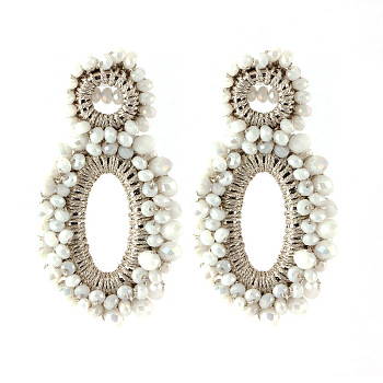 Rhinestone Braided Ear Studs for Women, Oval, Bohemian Style, WhiteSmoke, 70x43mm