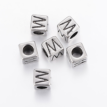 304 Stainless Steel Large Hole Letter European Beads, Cube with Letter.W, Antique Silver, 8x8x8mm, Hole: 5mm