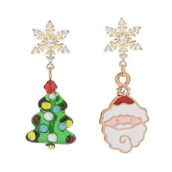 Santa Claus Alloy Enamel & Christmas Tree Lampwork Asymmetrical Earrings, Clear Cubic Zirconia Snowflake Dangle Stud Earrings for Women, Light Gold, 37~40mm, Pin: 0.9mm