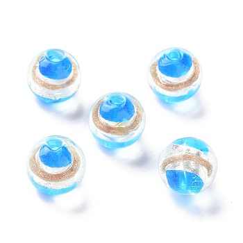 Handmade Silver Foil Lampwork Beads, with Gold Sand, Round, Deep Sky Blue, 12x11mm, Hole: 1.8mm