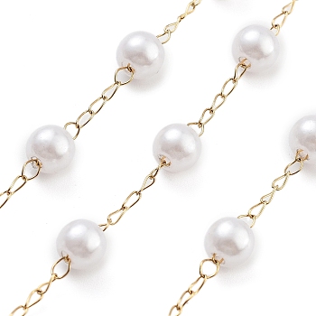 Handmade Round ABS Imitation Pearl Beaded Chains, with Ion Plating(IP) 304 Stainless Steel Chains, Unwelded, Real 18K Gold Plated , White, 3.5x1.5x1mm, Round: 6x5mm