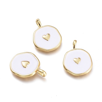 Brass Enamel Pendants, Flat Round with Heart, Golden, White, 18x14x2.5mm, Hole: 3.5x2mm