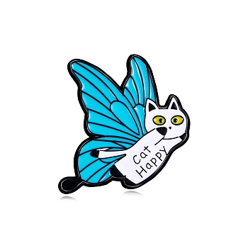 Funny Cat with Butterfly Wing Enamel Pins, Kitty Badge, Alloy Animal Brooches for Clothes Backpack, White, 30x30mm