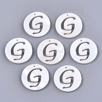 Natural Freshwater Shell Charms, Flat Round with Hollow Out Letter, Letter.G, 14.5x1.5mm, Hole: 0.9mm