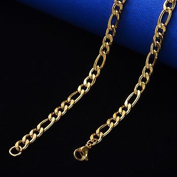 PVD Vacuum Plating 304 Stainless Steel Figaro Chain Necklaces, with Lobster Claw Clasp, Real 18K Gold Plated, Link: 6.5x3x0.8mm and 4.5x3x0.8mm, 19.68 inch(50cm)