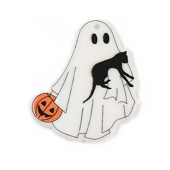 Halloween Theme Opaque Printed Acrylic Pendants, Ghost, 39x33x2.5mm, Hole: 1.8mm