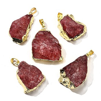 Raw Rough Natural Dyed Quartz Crystal Pendants, Nuggets Charms, with Brass Findings, Light Gold, FireBrick, 21~45x18~39x8~19mm, Hole: 7x4.5mm