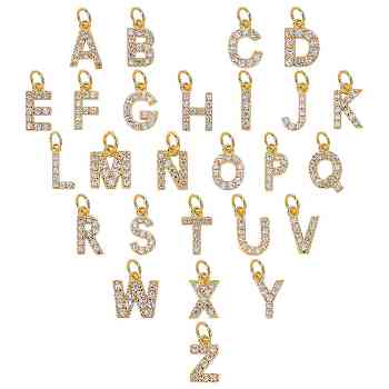 Brass Micro Pave Grade AAA Cubic Zirconia Charms, Alphabet, Letter A~Z, Real 18K Gold Plated, 26pcs/box