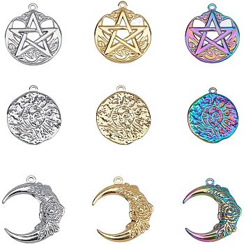 SUPERFINDINGS 9Pcs 9 Style 304 Stainless Steel Pendants, Flat Round with Sun & Star & Moon with Flower, Mixed Color, 29~30x25~26.5x2~3mm, Hole: 1.8~2mm, 1pc/style