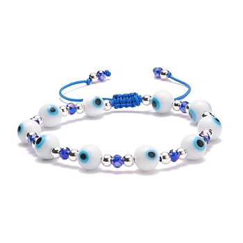 Lampwork Evil Eye & Glass Braided Bead Bracelet, Adjustable Bracelet for Women, White, Inner Diameter: 2-1/8~3-1/8  inch(5.5~8cm)