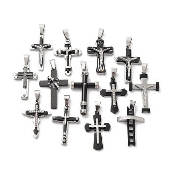 Ion Plating(IP) 304 Stainless Steel Pendants, with Rhinestone, Cross, Mixed Color, 29.5~37x17~22x4~6.5mm, Hole: 6.5x3.5mm
