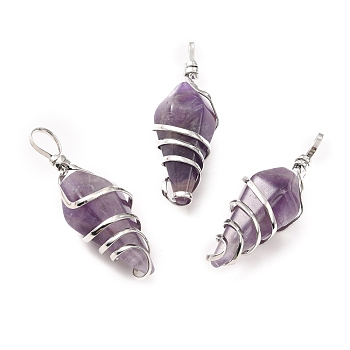 Natural Amethyst Pendants, with Platinum Tone Copper Wire Wrapped, Cadmium Free & Lead Free, Faceted Cone, 42~47x15~17x15~17.5mm, Hole: 5~7mm