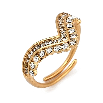 304 Stainless Steel Ring with Rhinestones, Cuff Open Ring for Women, Golden, 12.5mm, adjustable