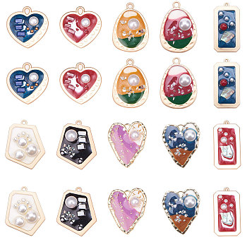 Epoxy Resin Pendants, with ABS Plastic Imitation Pearl, Alloy Findings and Enamel, Heart & teardrop, & Rectangle & Polygon, Matte Gold Color, Mixed Color, 35~40.5x21~35x4.5~5.5mm, Hole: 1.5~4.5mm, 20pcs/box