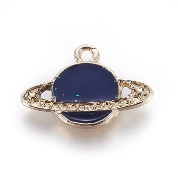 Zinc Alloy Pendants, with Enamel, Planet, Universe Space Charms, Light Gold, Midnight Blue, 15x23x2mm, Hole: 1.5mm