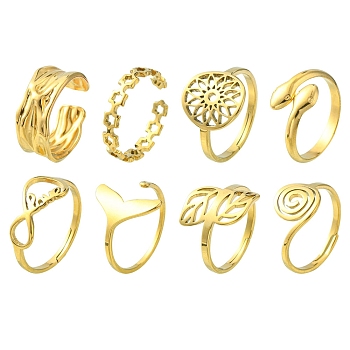 8Pcs 8 Style Flower & Leaf & Whale Tail & Snake Stainless Steel Open Cuff Ring Sets, Adjustable Rings for Women, Real 18K Gold Plated, Inner Diameter: 16.4~17.7mm, 1Pc/style