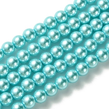 Eco-Friendly Grade A Glass Pearl Beads, Pearlized, Round, Cyan, 6mm, Hole: 1.2~1.5mm, about 68pcs/Strand, 16''(40.64cm)