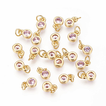 Brass with Single Cubic Zirconia Charms, Single Stone Charms, Flat Round, Golden, Pearl Pink, 6.5x4.5x2mm, Hole: 2.5~3mm