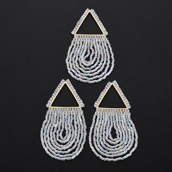 Tassel Big Pendants, with Glass Beads and Golden Plated Brass Findings, Triangle, Clear, 62~70x27~28mm, Hole: 20x17.5mm