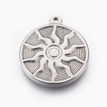 304 Stainless Steel Pendants, Flat Round with Sun, Stainless Steel Color, 25x3mm, Hole: 1.6mm